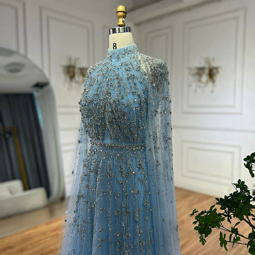 Luxury Blue Beaded A-Line Evening Gown with Cape Sleeves LA71803G