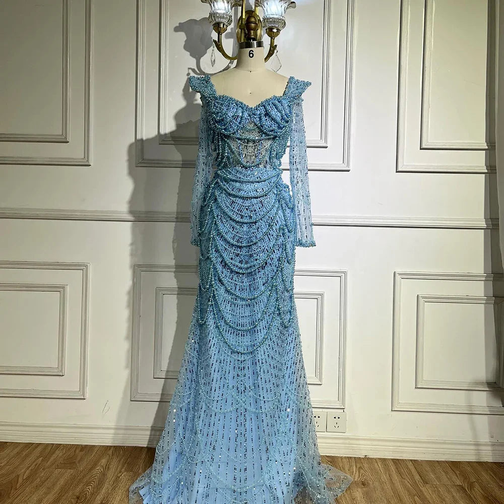 Serene Hill Arabic Sage Green Sweetheart Mermaid Pearls Beaded Luxury Dubai Evening Gown for Women's Party LA72660