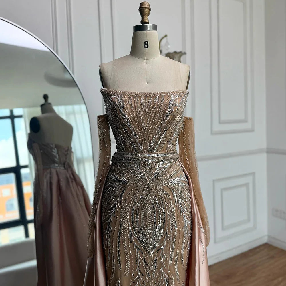 Luxury Wine Red Beaded Evening Dress Gown with Gloves and Overskirt LA72935