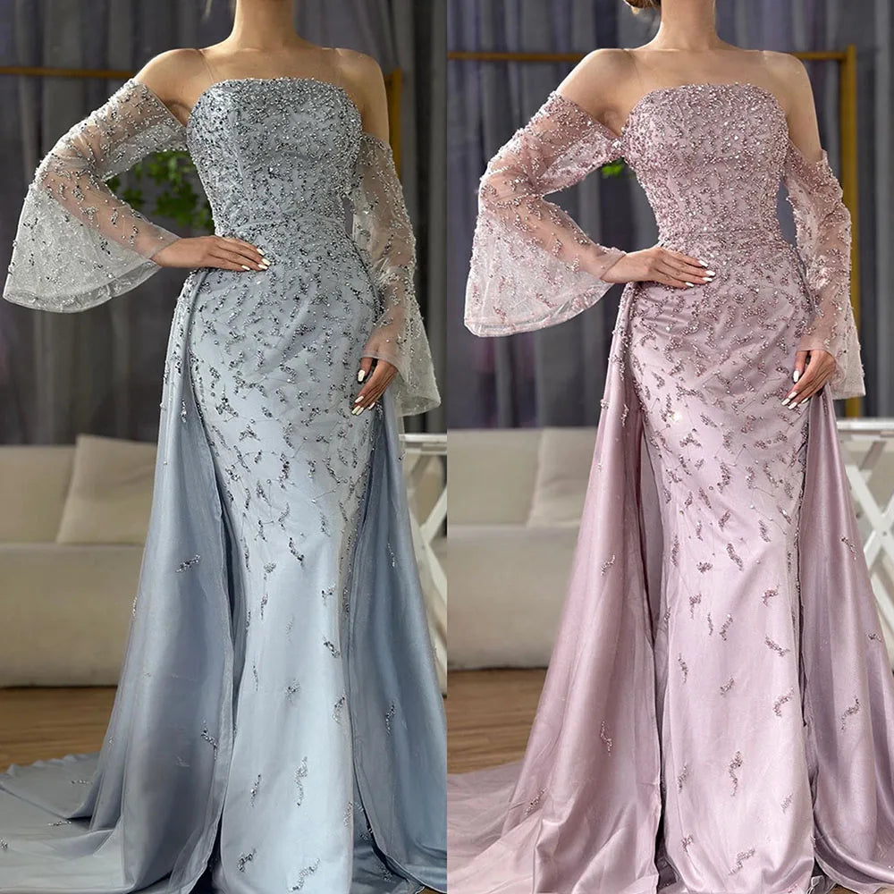Dubai Luxury Blue Beaded Pearls Evening Gown with Overskirt LA72705