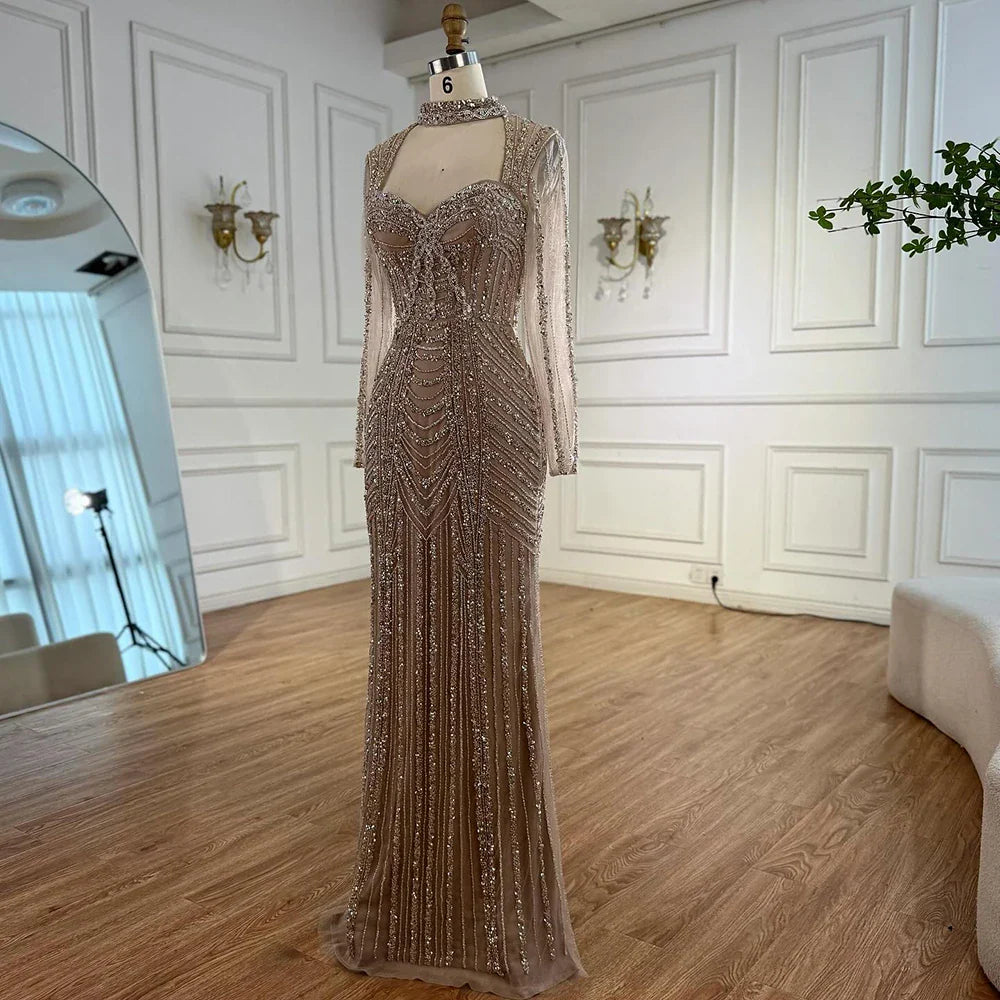 Caramel Beaded Mermaid Evening Dress with Long Sleeves LA72560B