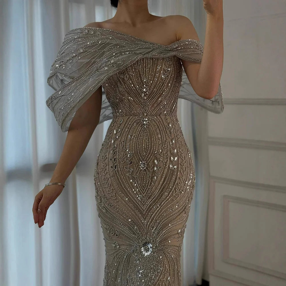 Luxury Silver Nude Off Shoulder Mermaid Evening Dress LA72878