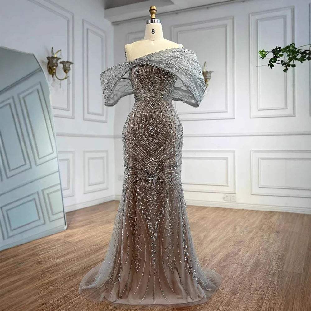 Luxury Silver Nude Off Shoulder Mermaid Evening Dress LA72878