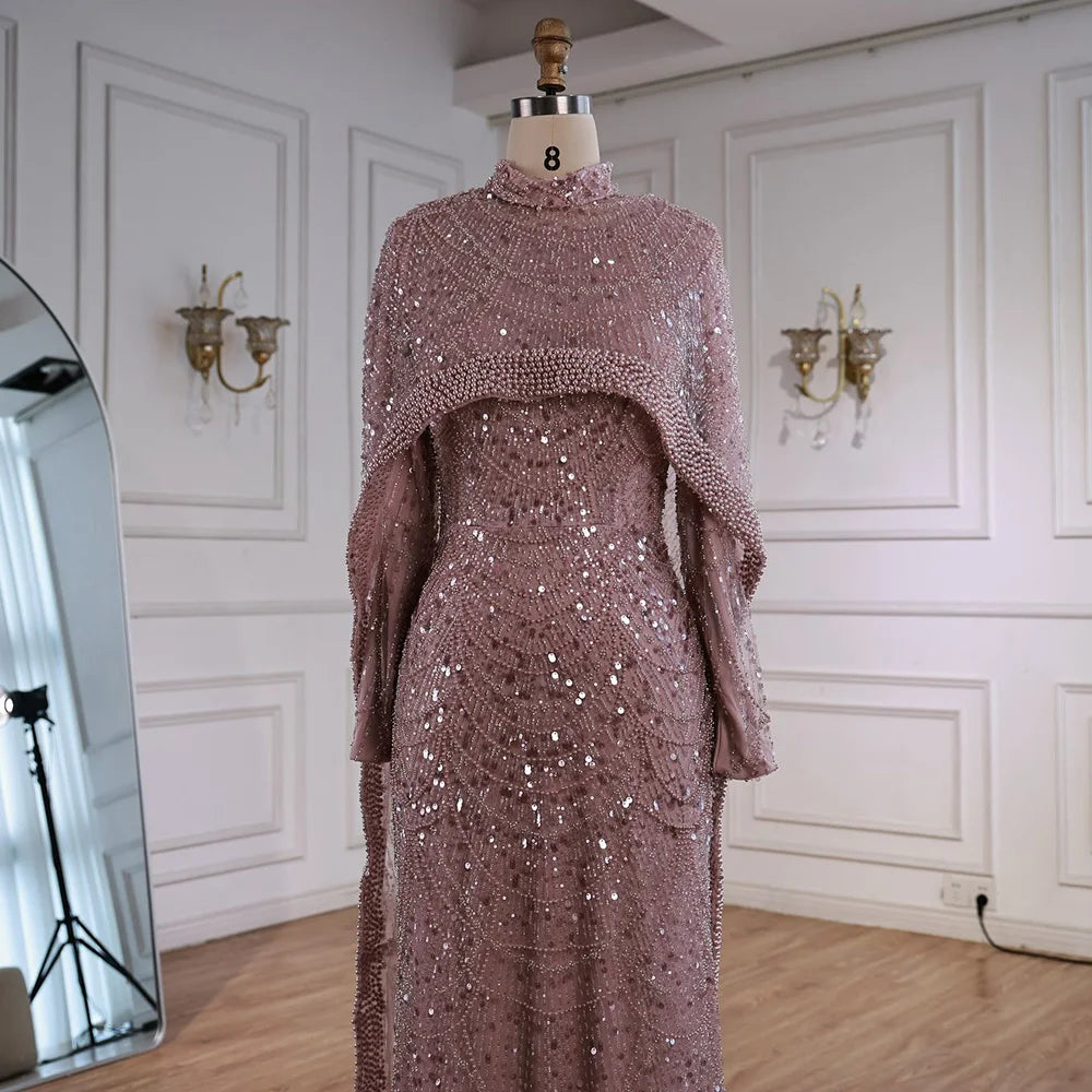Luxury Nude Mermaid Evening Dress with Cape Dubai Arabic Style LA72032M