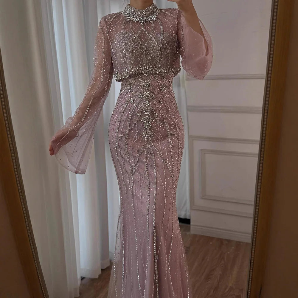 Luxury Turquoise Crystal Beaded Mermaid High Neck Long Sleeve Evening Dress LA73136