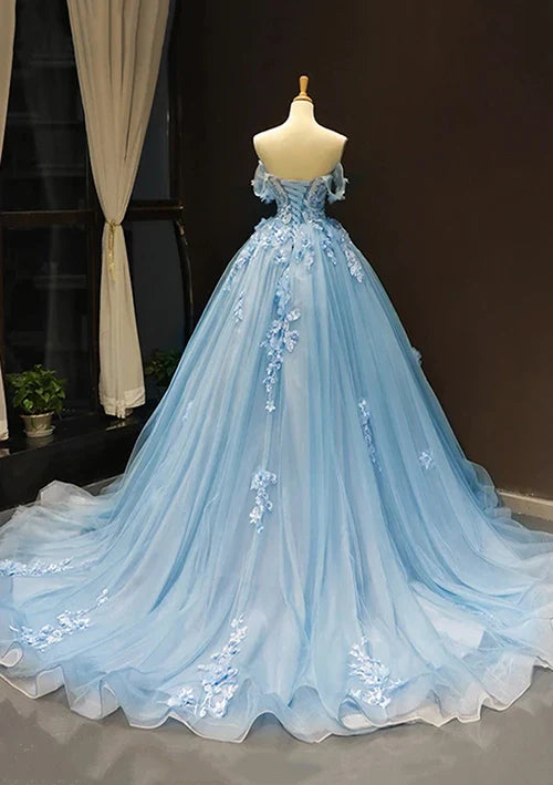 Serene Hill Arabic Blue Ball Gown Off-the-Shoulder Tulle Prom Dress with Appliqués for Women's Party LA72679