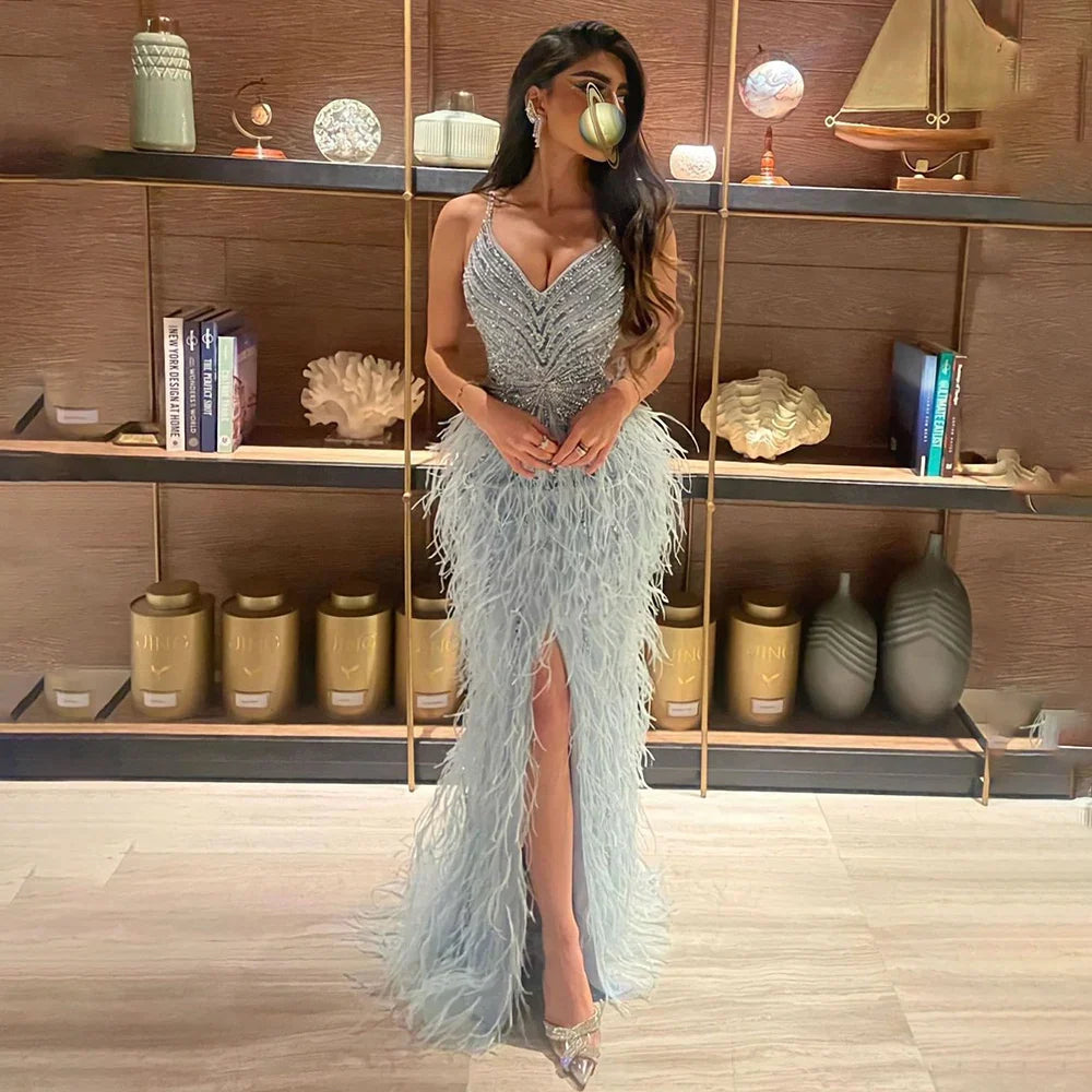 Luxury Classy blue Feathers Beaded Mermaid Prom Dress with Split LA70623