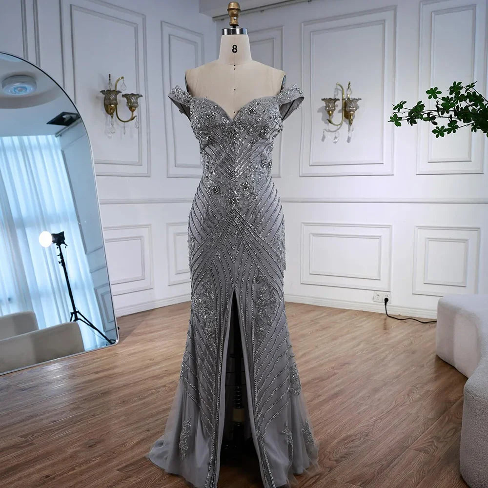 Luxury Silver Gray Off Shoulder Mermaid Evening Dress LA73018