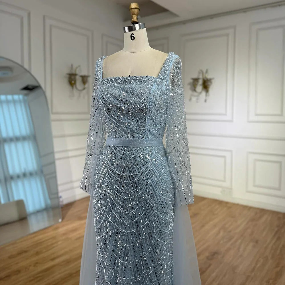 Blue Square Evening Dress With Long Sleeve Plus Size LA72032N