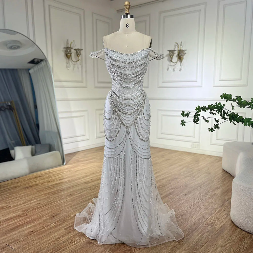 Luxury Crystal Silver Gray Pearl Beaded Evening Dress LA72253