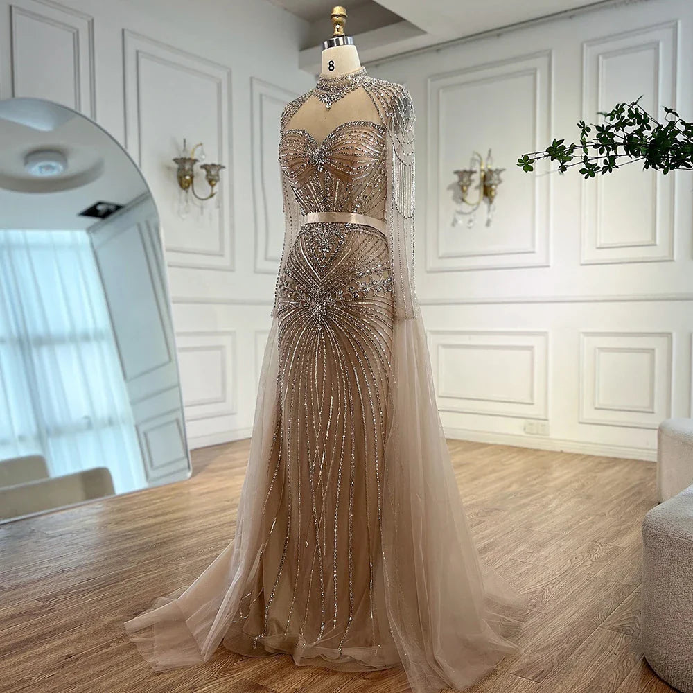 Luxury Nude Modest Beaded Evening Dress Long Sleeves With Overskirt LA72990