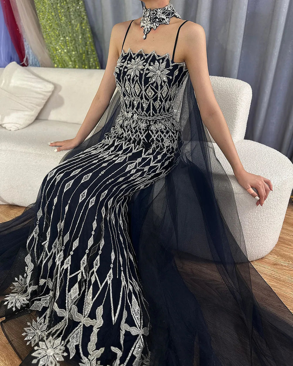 Luxury Nude Beaded Mermaid Evening Dress with Cape LA72711
