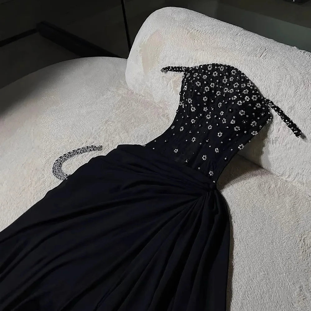 Luxury Black Beaded Mermaid Prom Dress with Spaghetti Straps LA73047
