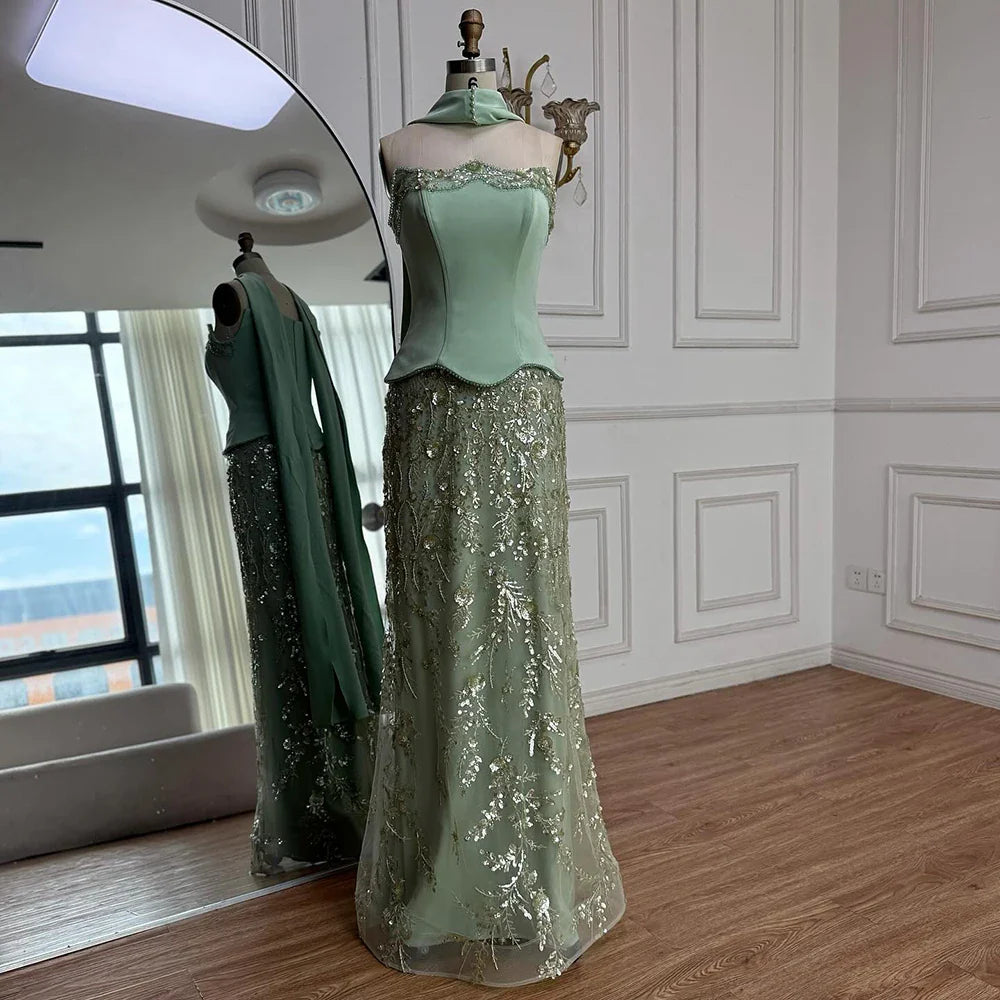 Luxury Sage Green Strapless Beaded Mermaid Evening Dress LA73050C