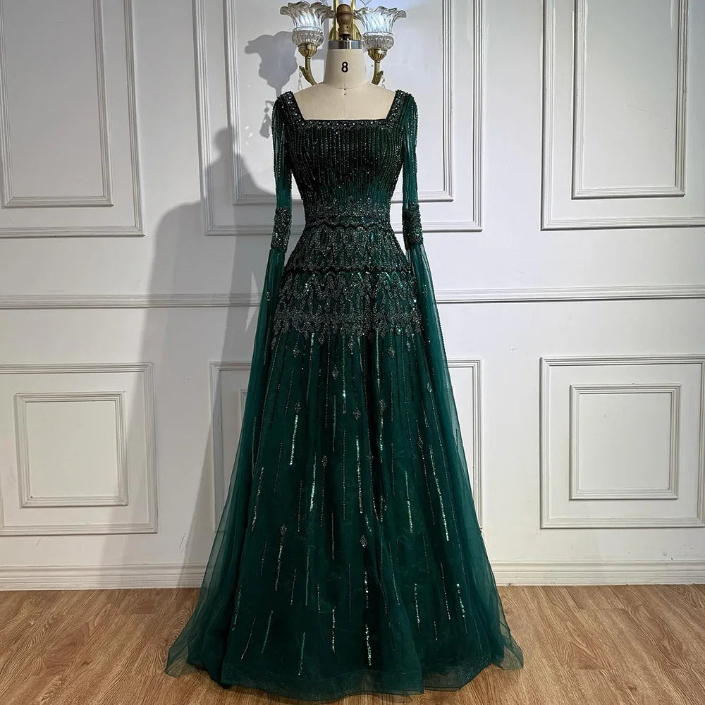 Luxury Green A-LineBeaded Evening Dress with Cape Sleeves LA73089