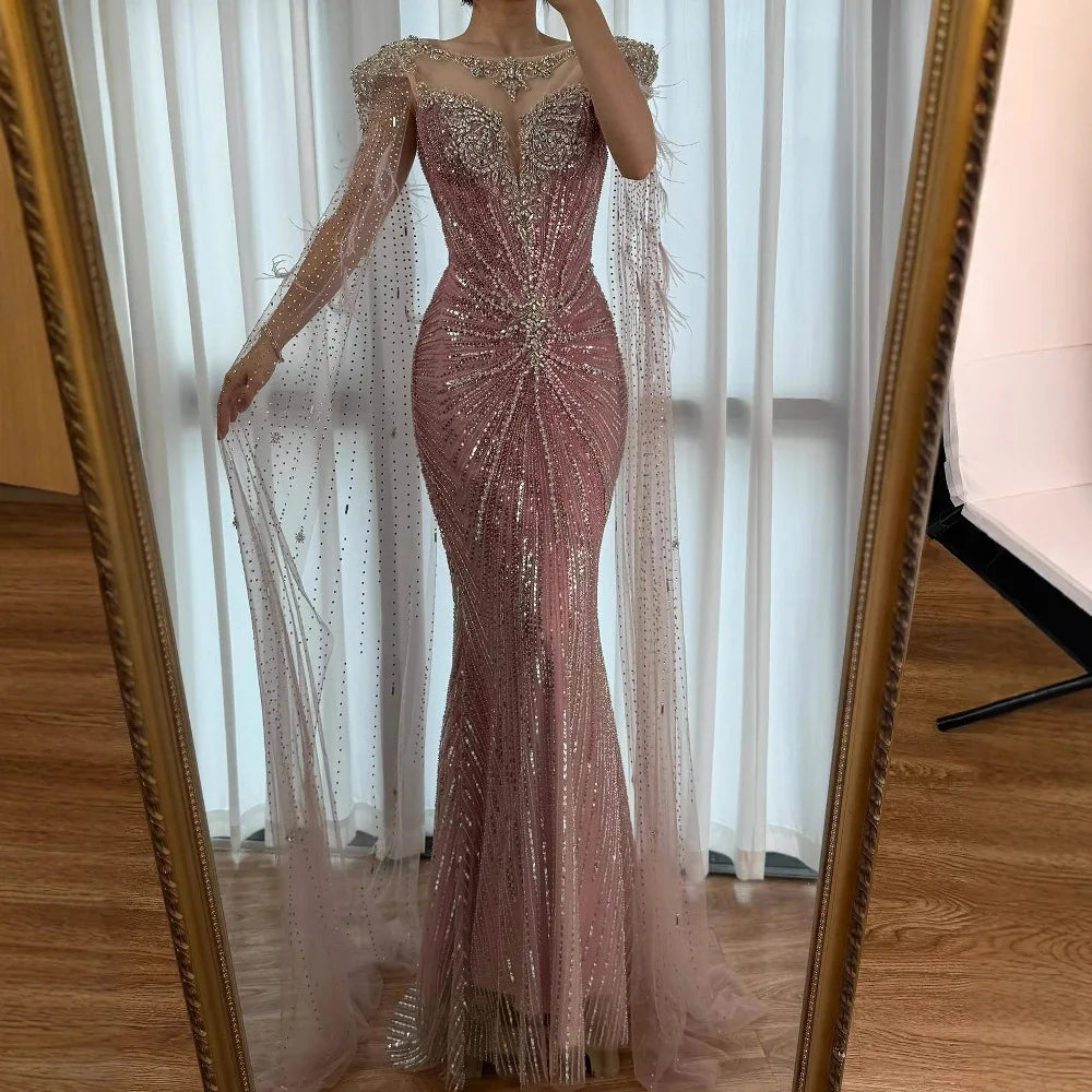 Luxury Pink Beaded Mermaid Evening Dress with Cape LA73106