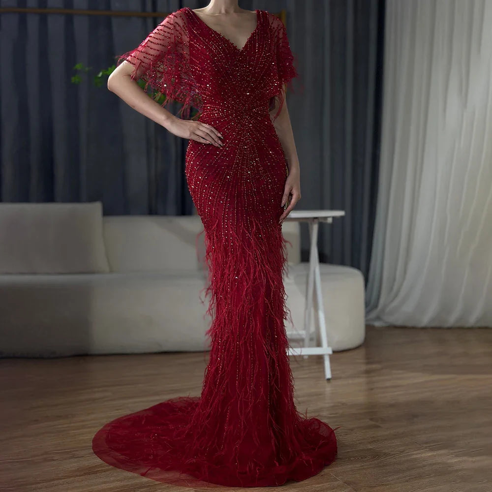 Dubai Feathers Brown Mermaid Evening Dresses LA71323