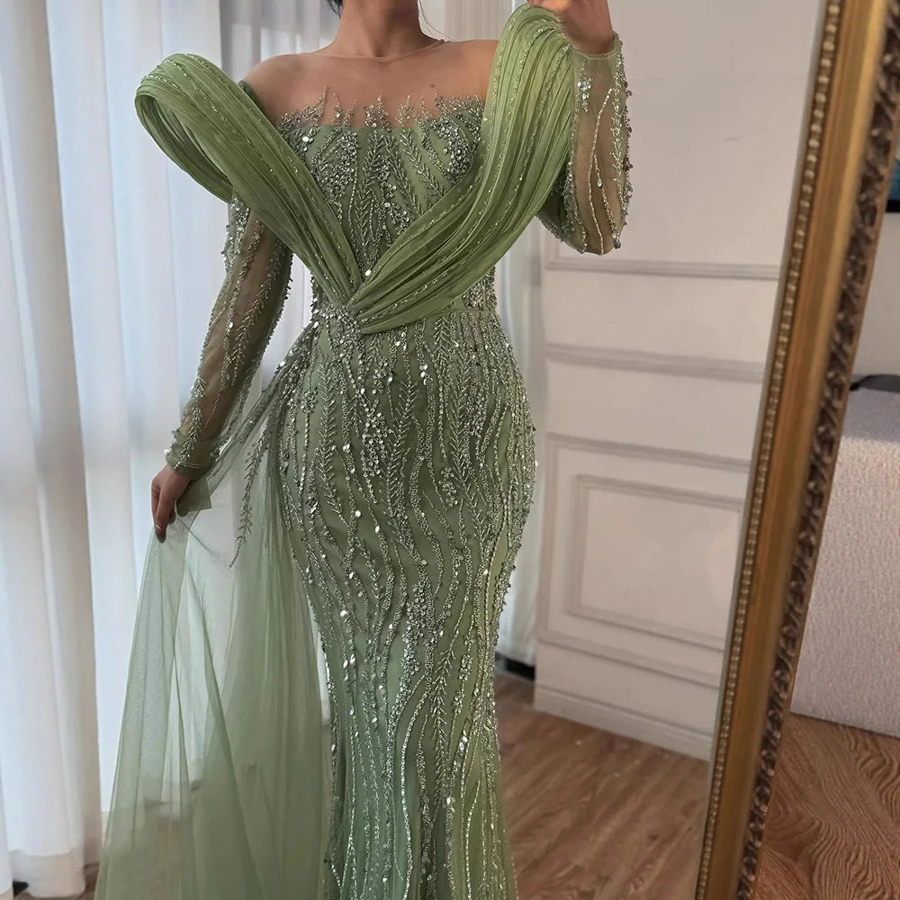 Elegant Sage Green Beaded Evening Dress with Flowing Hem LA72928