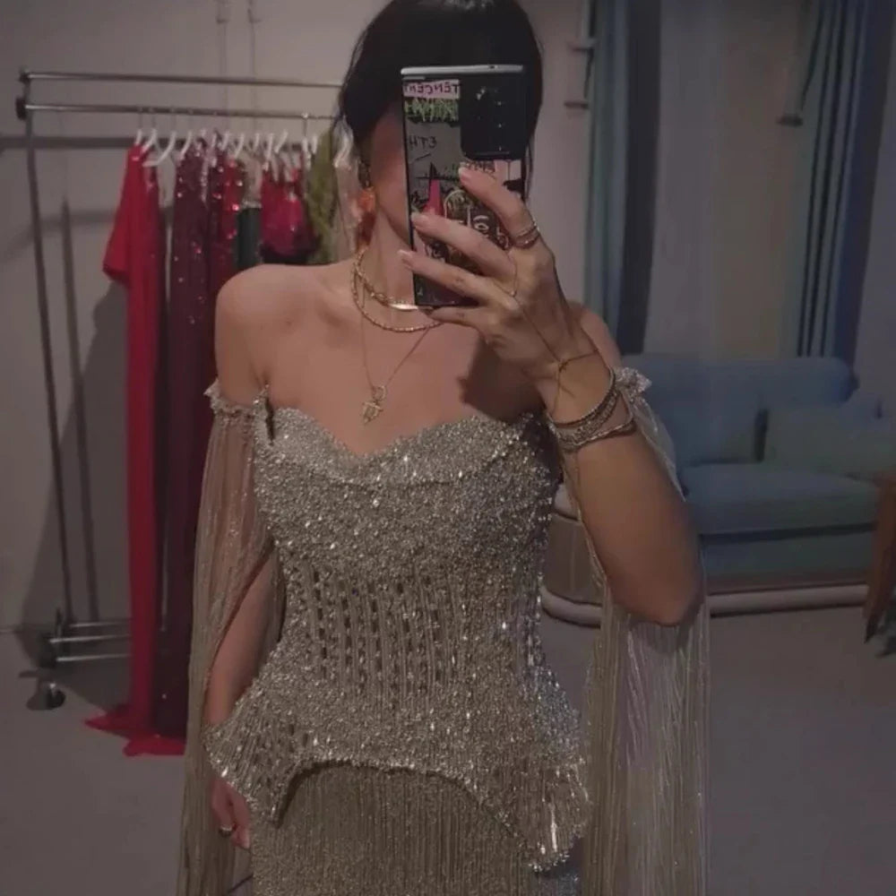 Luxury Gray Beaded Off-Shoulder Evening Dress with Cape Sleeves LA73076