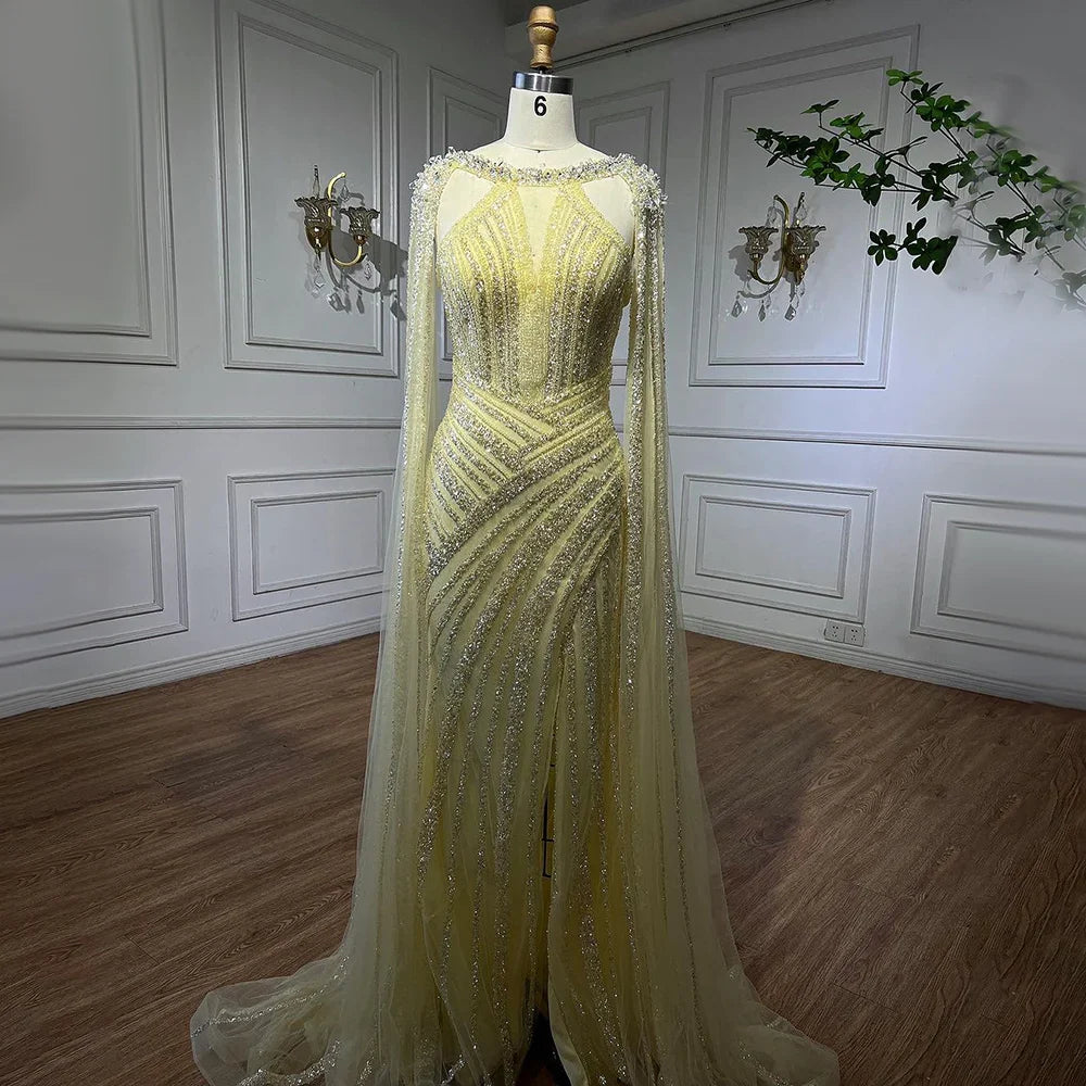 Luxury Crystal Yellow Evening Dress with Cape Sleeves LA72085