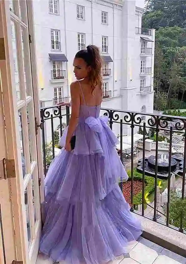 Serene Hill Arabic Lilac A-Line Spaghetti Straps Long Tulle Prom Dress with Ruffles for Women's Party LA72681