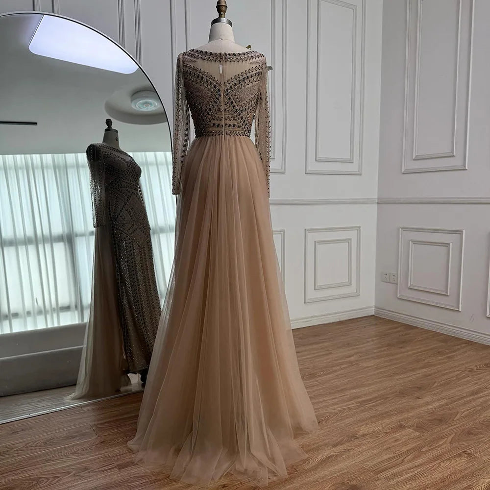 Luxury Dubai Nude Evening Dress With Long Sleeves LA72967
