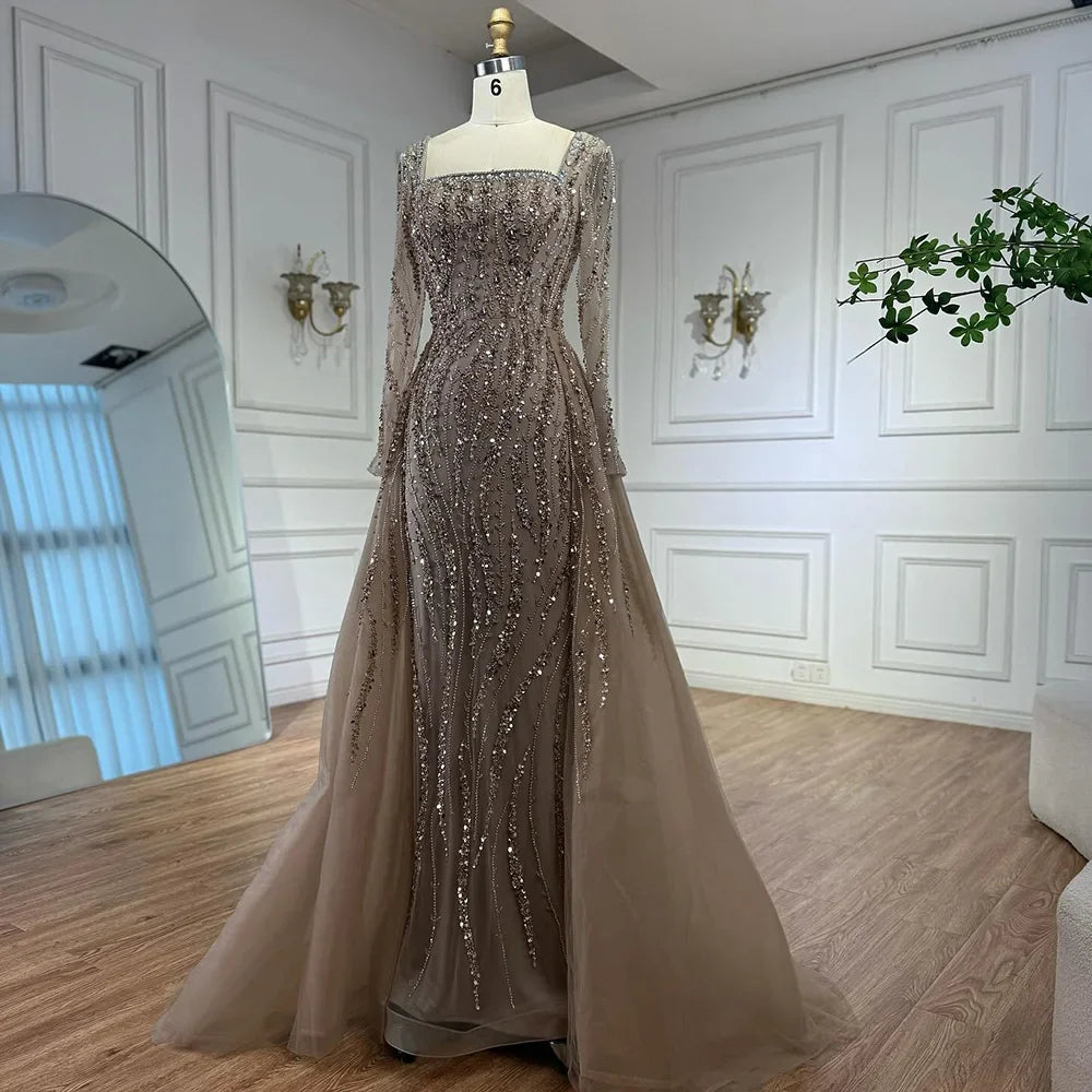Luxury Arabic Caramel Beaded Mermaid Evening Dress with Overskirt LA72710A