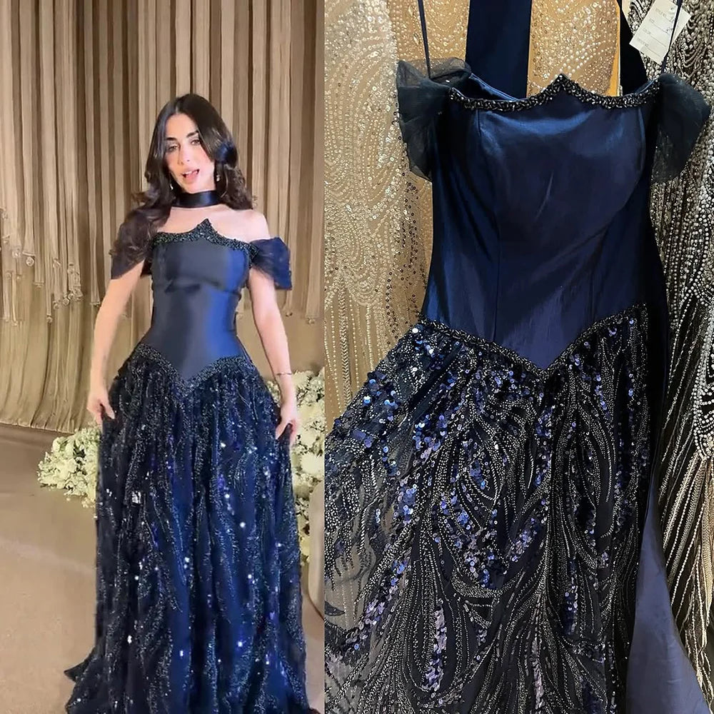 Luxury Arabic Navy A-Line Evening Dress with Beaded LA73050
