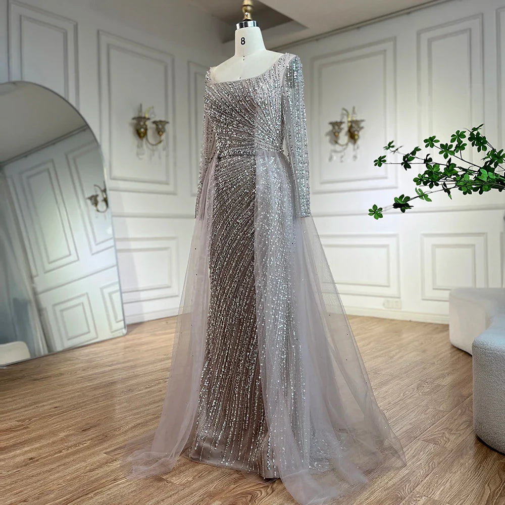Serene Hill 2025 Arabic Dubai Silver Gray Mermaid Detachable Skirt Beaded Luxury Evening Dresses Gowns for Women Party LA71618L