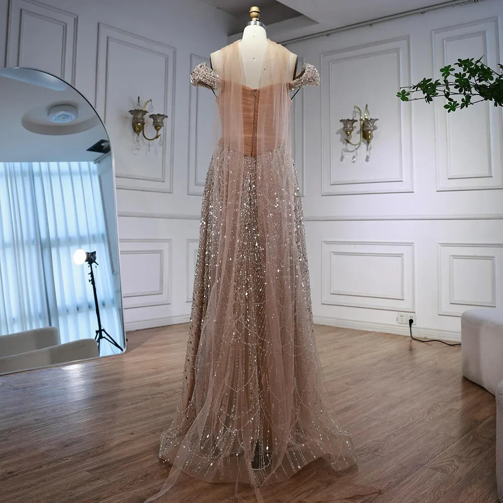 Luxury Arabic Pink Pearls Beaded Evening Dress With Cape LA72922
