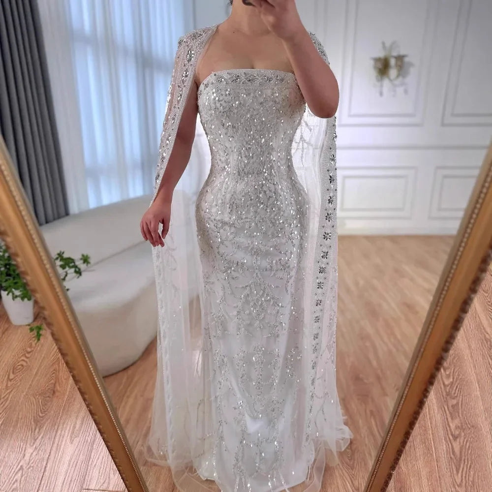 Luxury White Dubai Arabia Beading Evening Dress With Cape LA72870
