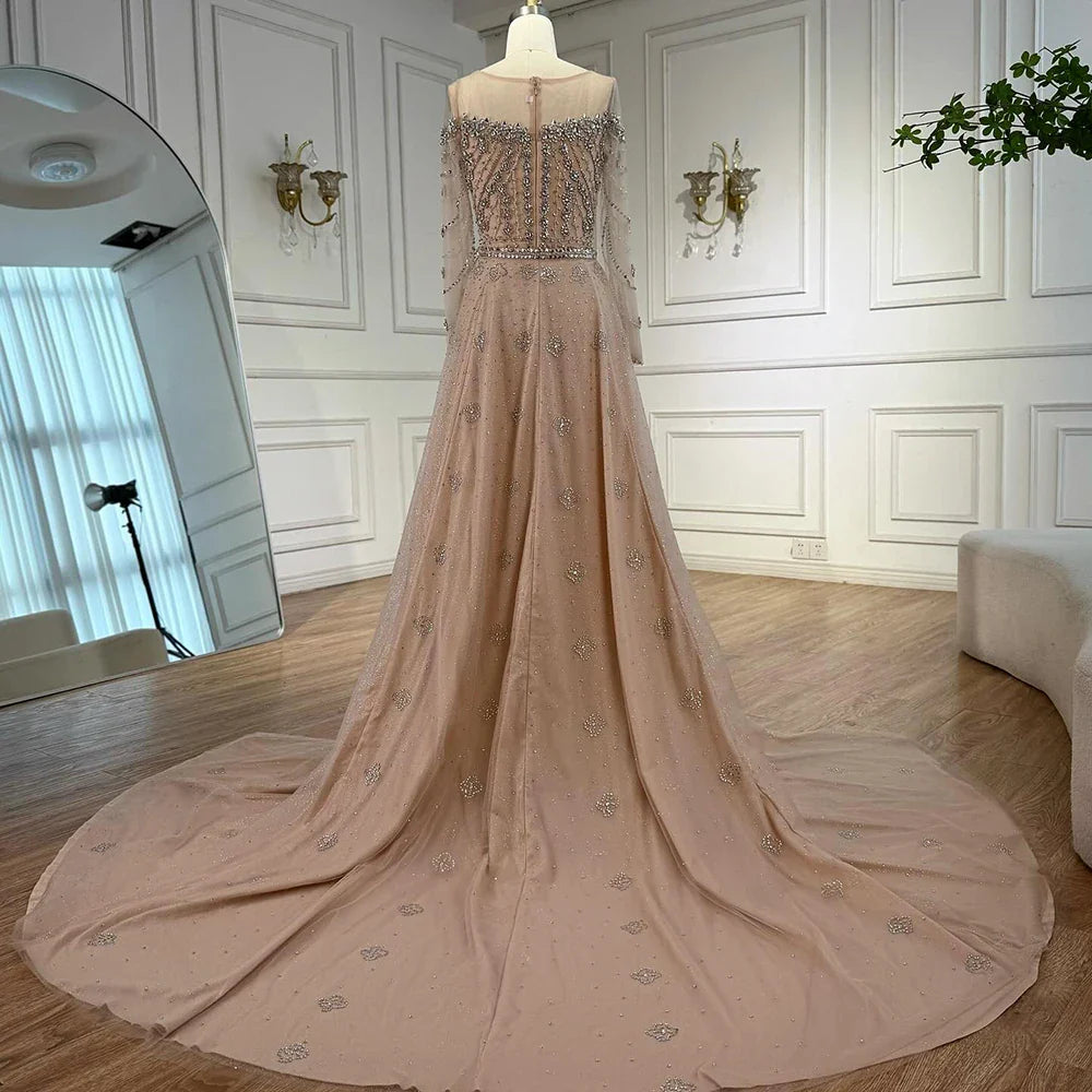 Luxury Off Shoulder Beaded Evening Dress with Long Sleeves and Train LA72930