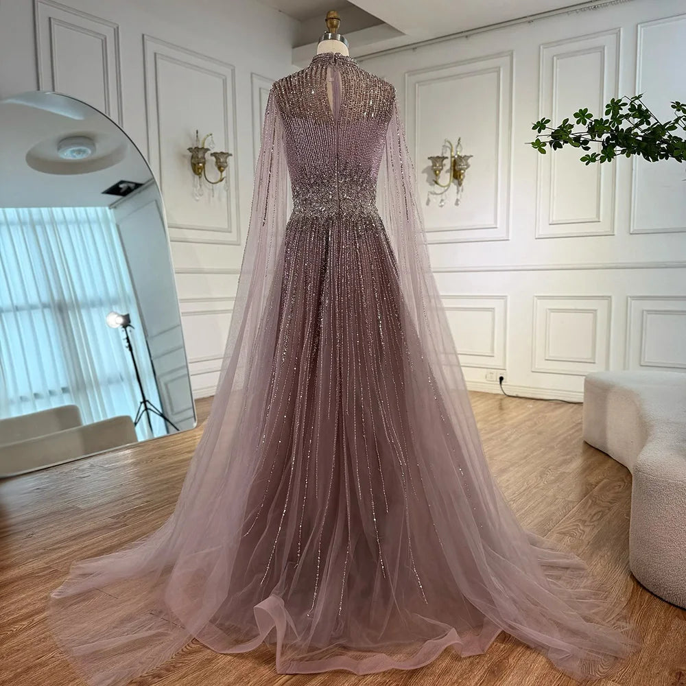 Luxury Modest Blue Beaded Evening Dress with Cape LA73059