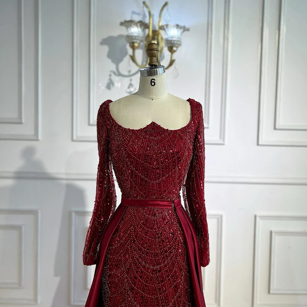 Luxury Wine Red Mermaid Evening Dress with Overskirt Plus Size LA72352A