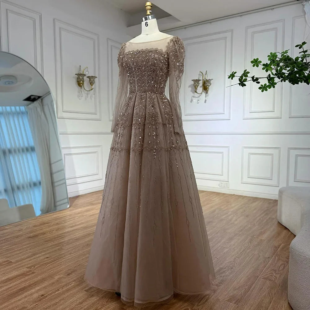 Luxury Caramel A-Line Beaded Evening Dress with Long Sleeves LA73077