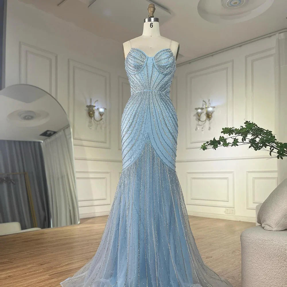 Luxury Dubai Arabic Blue Spaghetti Straps Beaded Evening Gown with Detachable Cape Dress for Formal Occasion LA72784