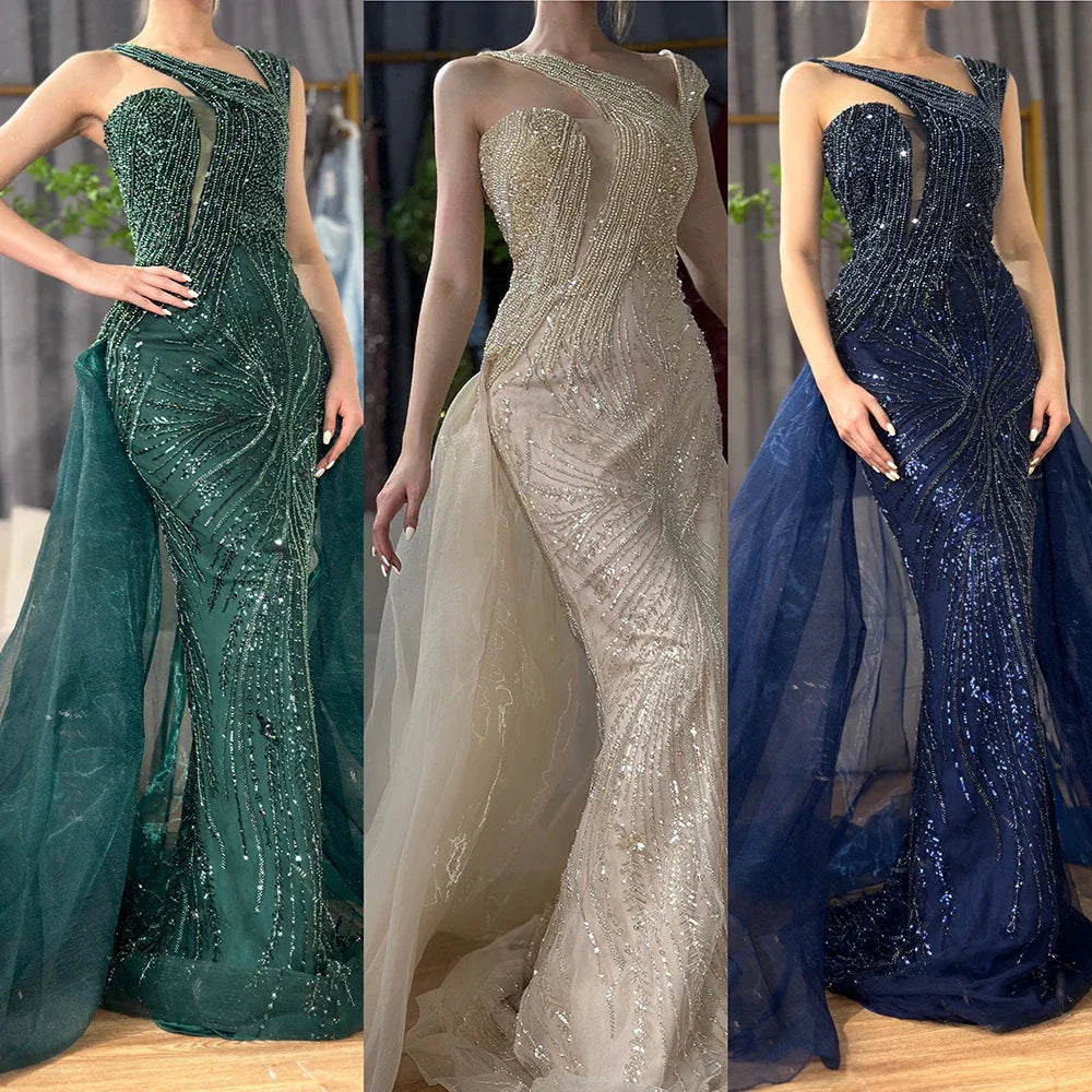 Luxury Dubai Nude Mermaid Green Evening Gown with Elegant One Shoulder Overskirt for Formal Occasion LA72031A