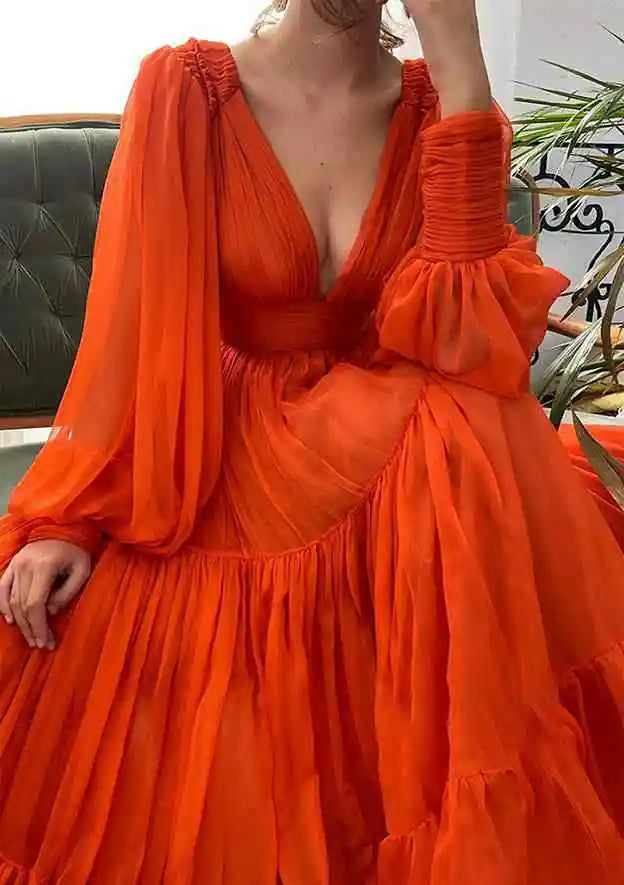 Serene Hill Arabic Red A-Line Long Sleeve Floor-Length Chiffon Prom Dress with Pleats for Women's Party LA72688