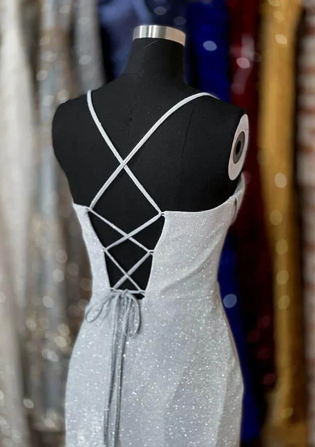 Serene Hill Arabic Silver Elegant Mermaid Spaghetti Straps Glitter Prom Dress with Pleated Split for Women's Party LA72685
