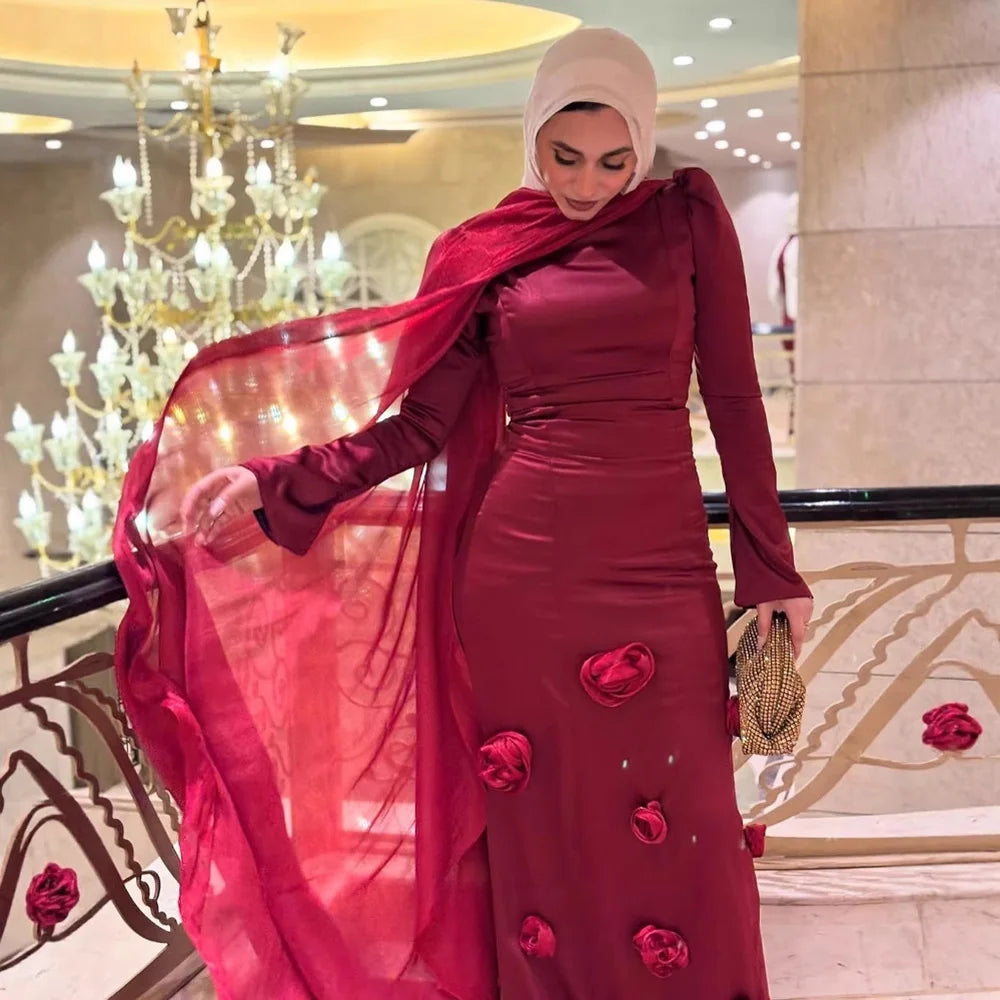 Modest Wine Red 3D Flower Mermaid Evening Dress LA72954A