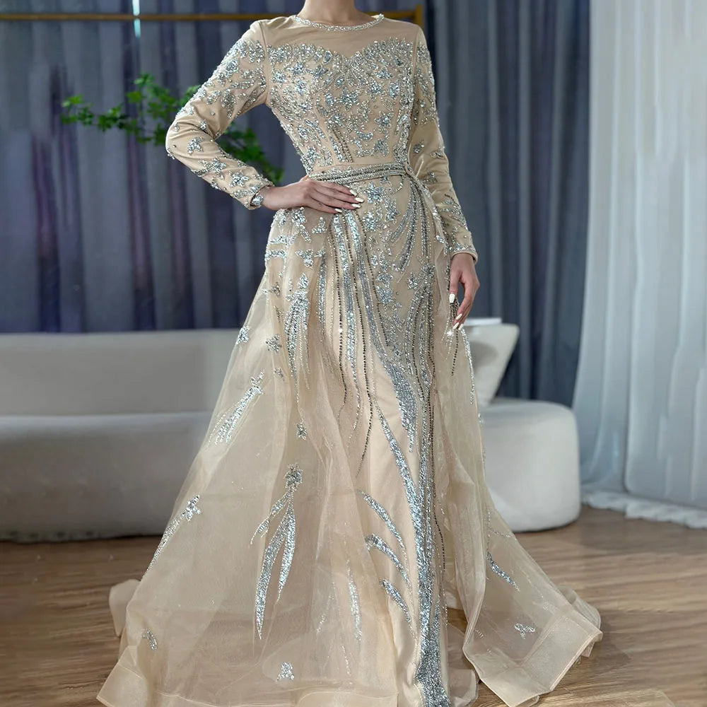 Muslim Mermaid Nude With Overskirt Beaded Dubai Evening Dresses Gowns For Wedding Party LA71943