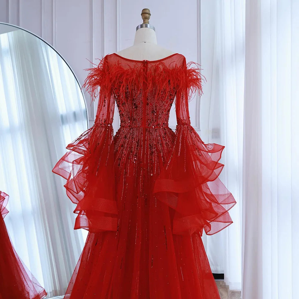 Luxury Red Feathered A-Line Evening Dress with Puffy Sleeves LA73080