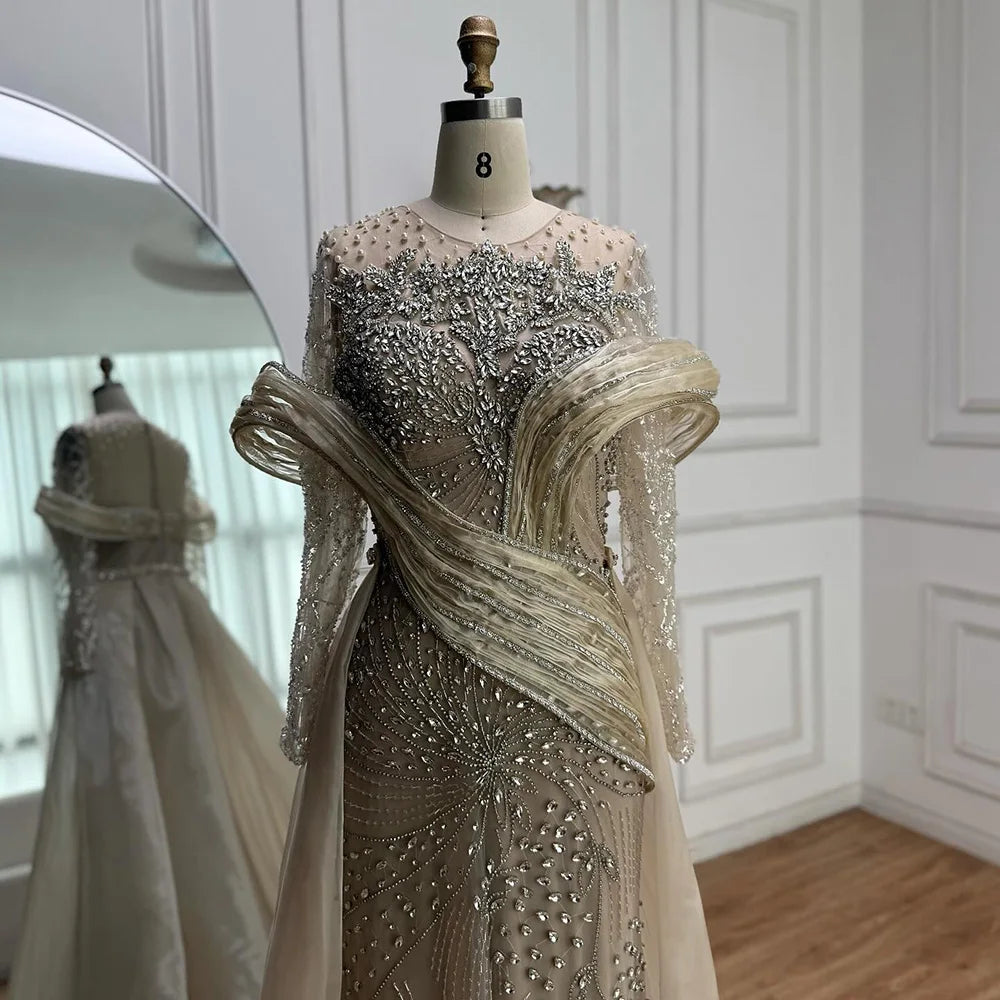 Luxury Nude Beaded Mermaid Evening Dress with Overskirt LA72932