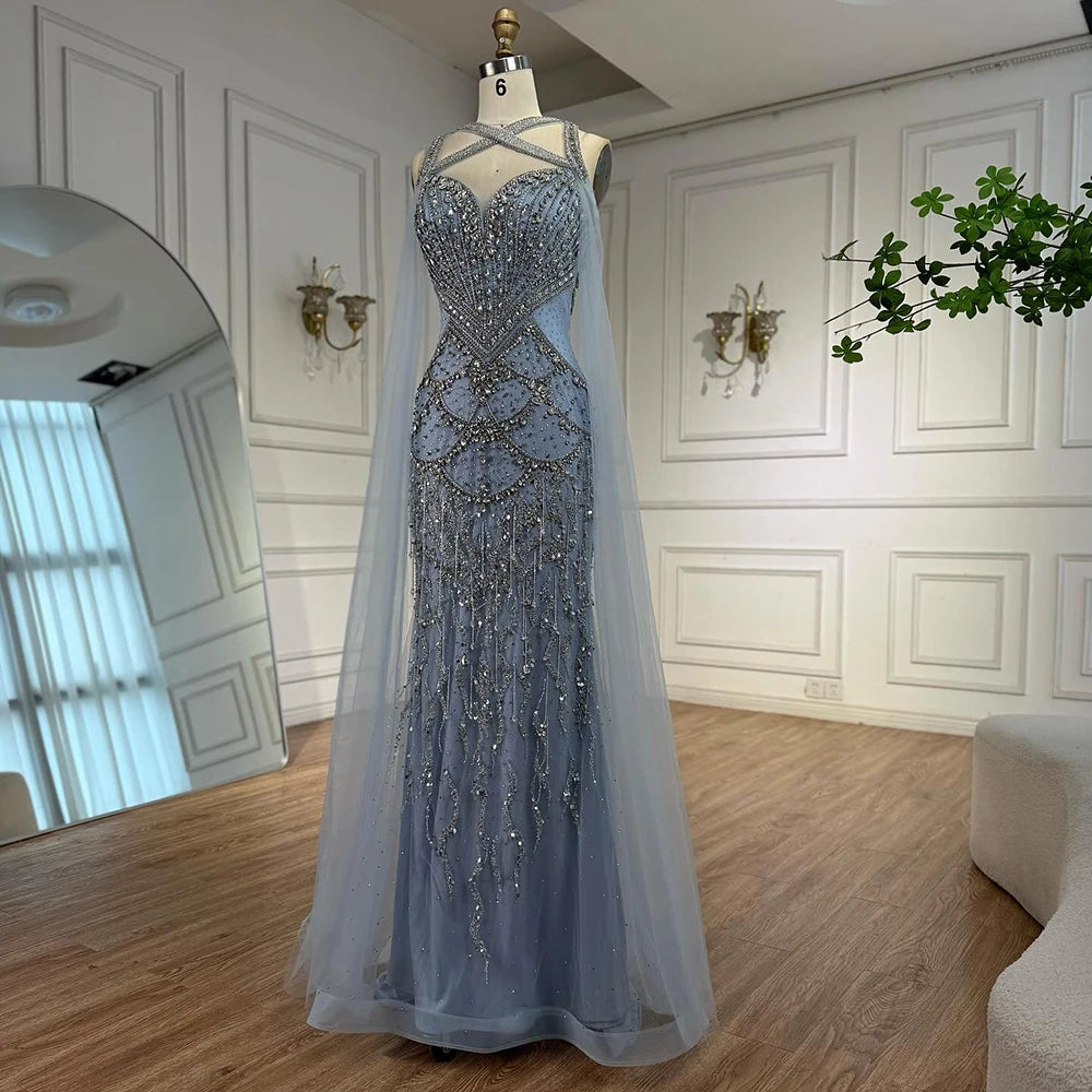 Luxury Nude Cape Sleeves Beaded Crystal Evening Dress LA72806