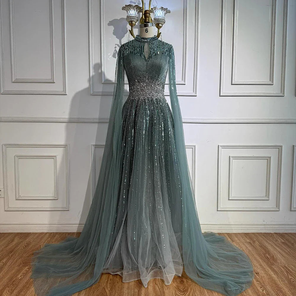 Luxury Modest Blue Beaded Evening Dress with Cape LA73059