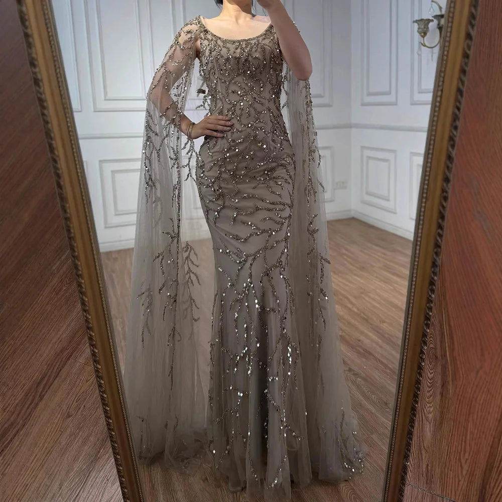 Caramel Mermaid Beaded Evening Dress with Cape Sleeves LA72149