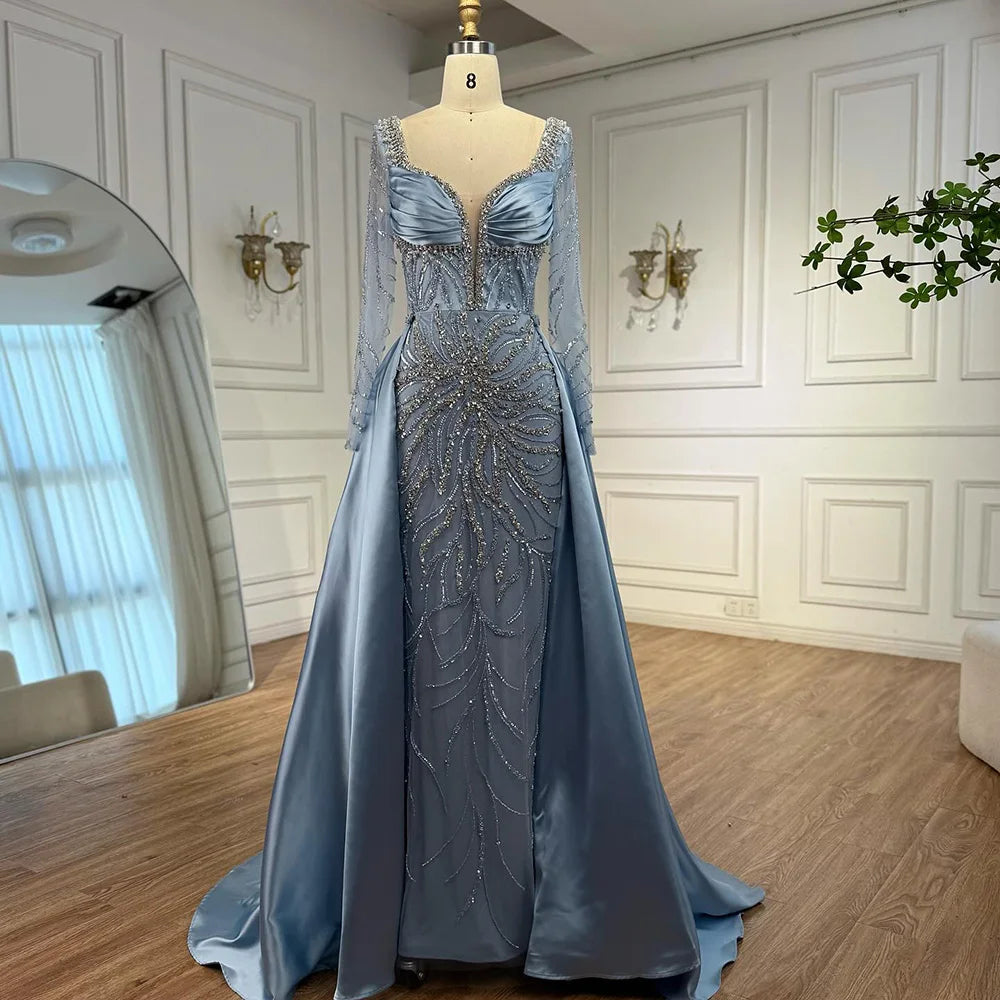 Luxury Muslin Blue hijab Evening Dress With Long Sleeves LA72963