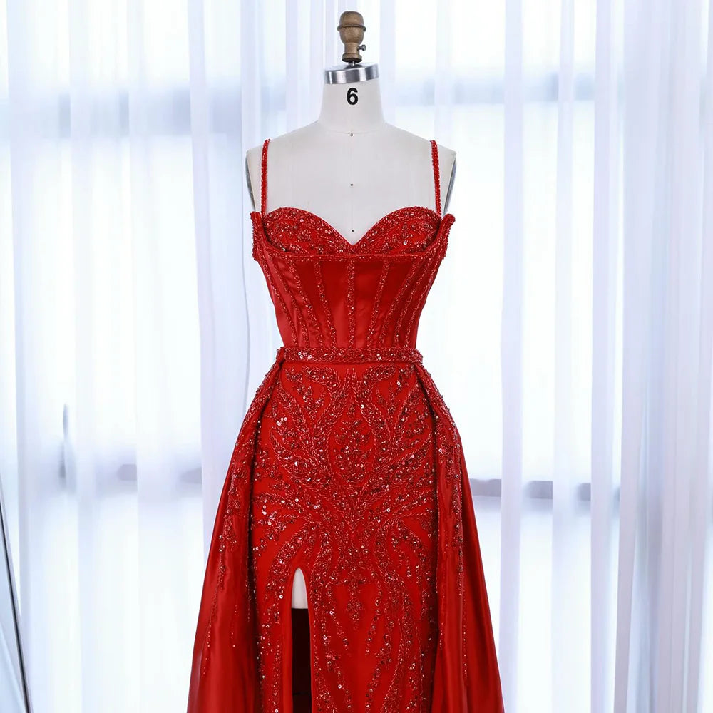 Luxury Red Beaded High Slit Evening Gown with Overskirt LA72936
