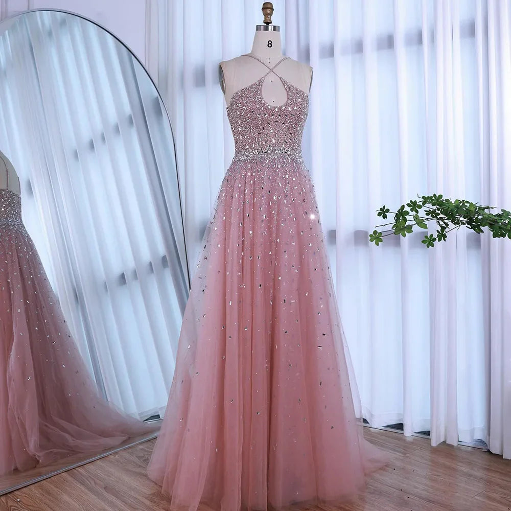 Caramel Halter Beaded Tulle A-Line Evening Gown Dubai Saudi LA72863
