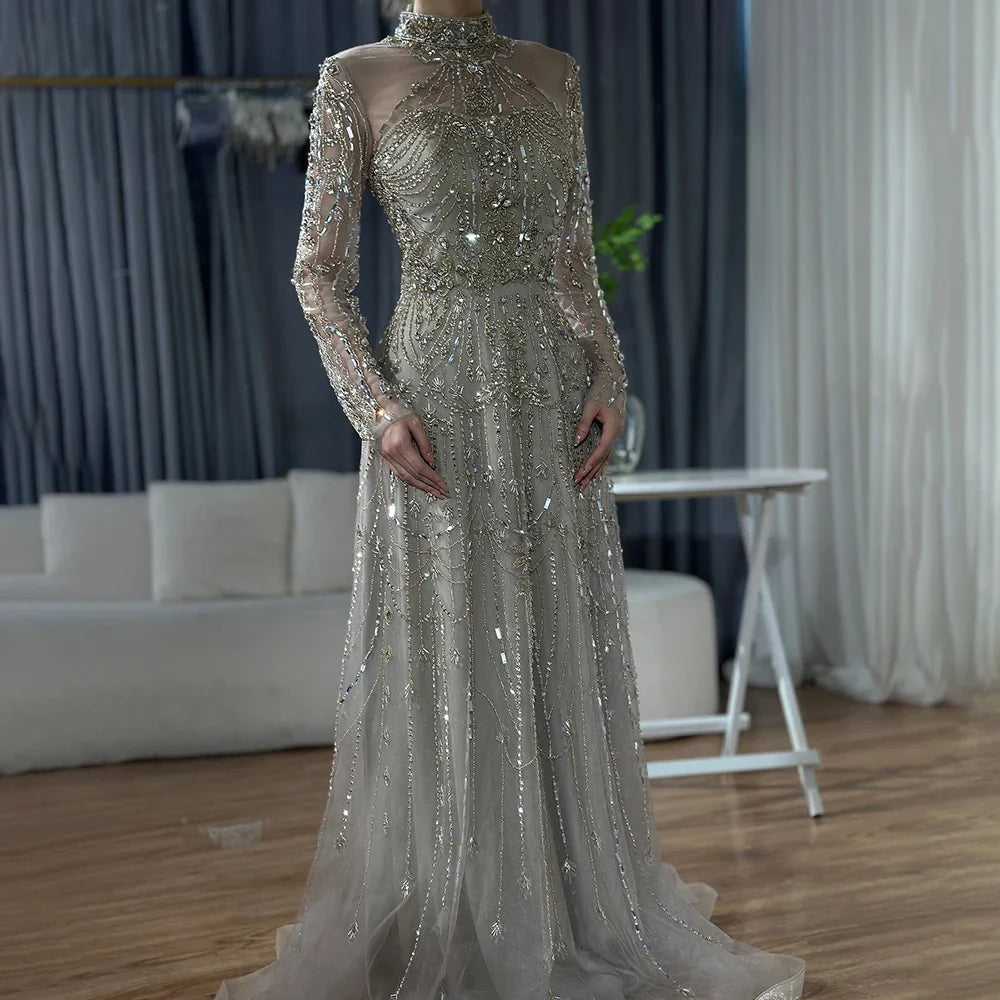 Modest A-Line Blue Lace Beaded Evening Gown LA72704